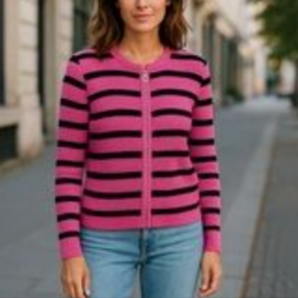 Lauren Ralph Lauren Pink and Black Striped Zip Cardigan